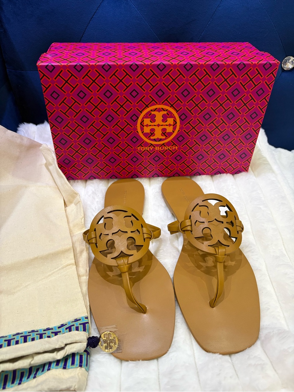 Tory Burch Tan Miller Logo Thong Sandals with Signature Cutout Medallion